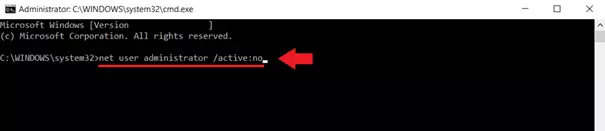 Introduce el comando “net user administrator /active:no” para desactivar el administrador