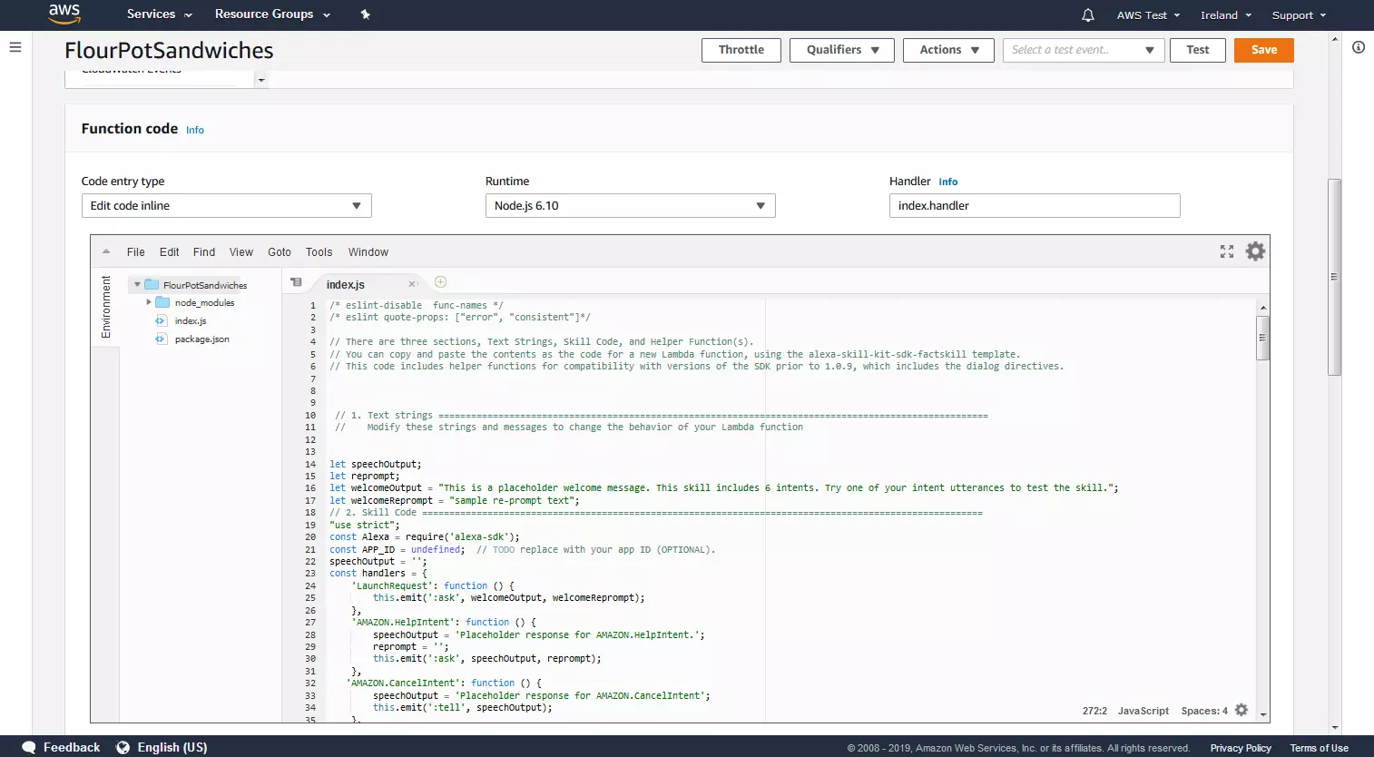 AWS Management Console: plantilla Lambda para el código de función