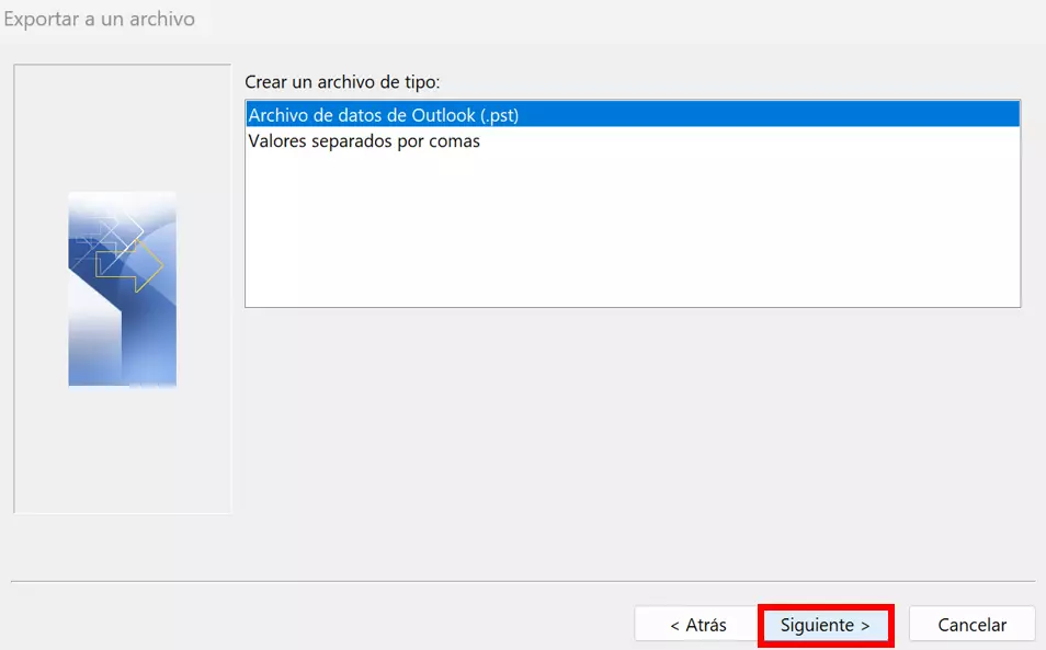 Asistente de importación y exportación de Outlook: exportar como archivo PST