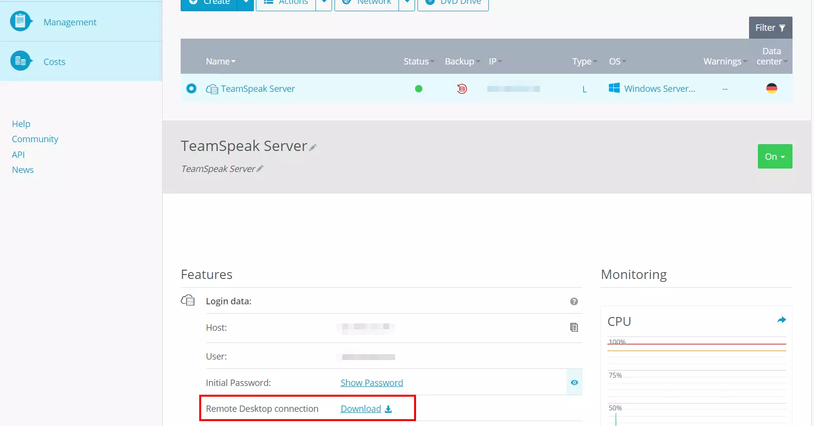 Datos de acceso en el Cloud Panel de IONOS