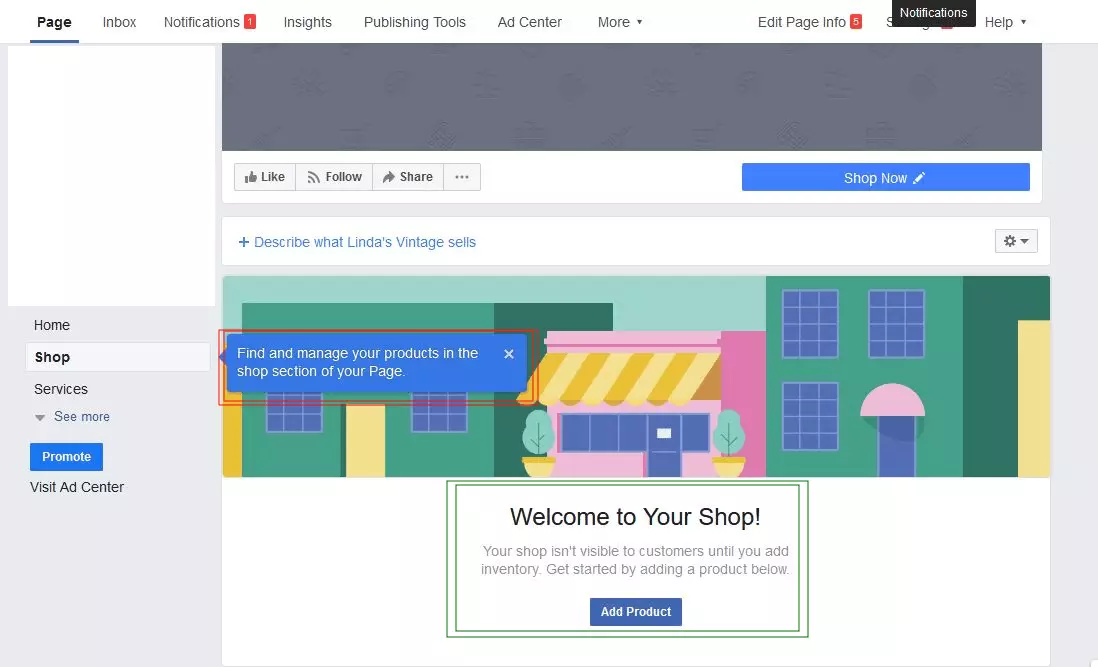 Menú de Facebook para añadir productos a la tienda