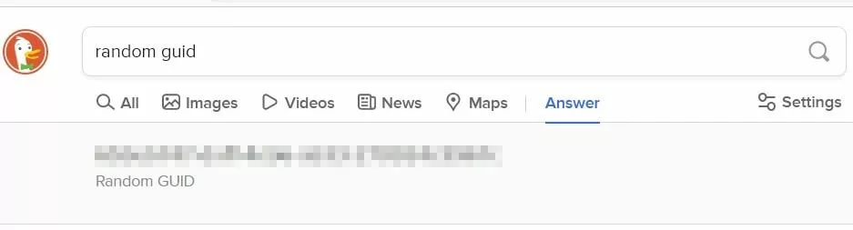 Captura de pantalla del resultado de búsqueda de DuckDuckGo para “random guid”