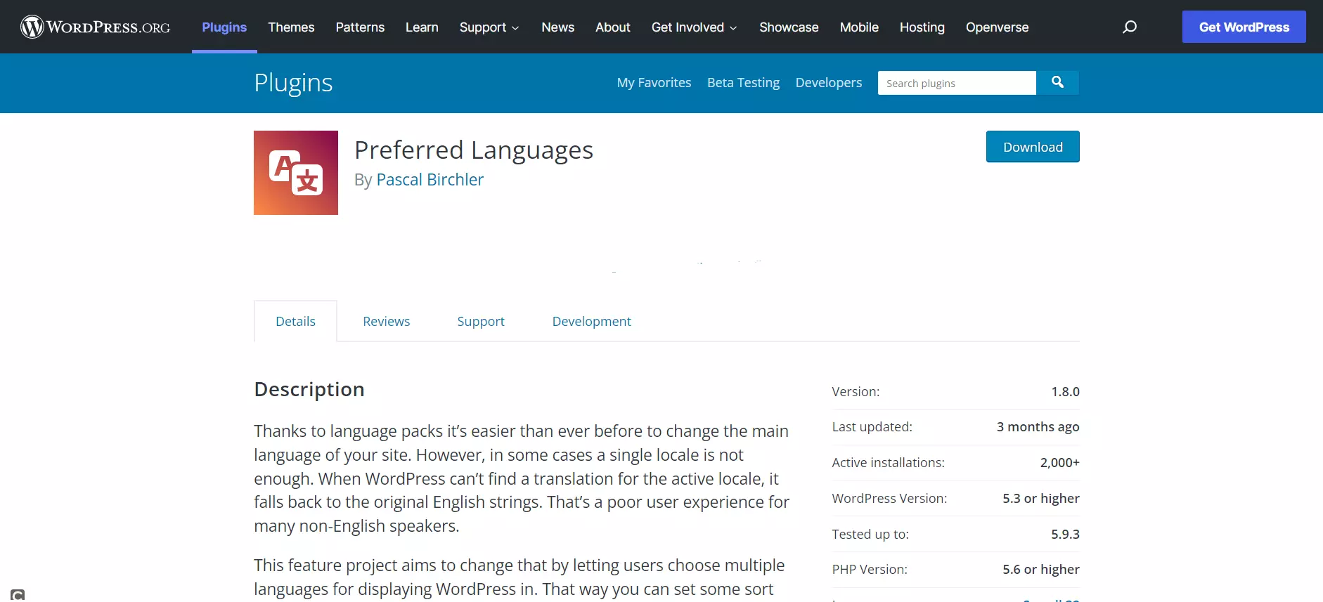 Página de inicio del plugin de WordPress Preferred Languages