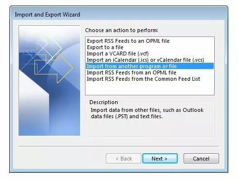 Menú de inicio del asistente para importar/exportar en Outlook 2016