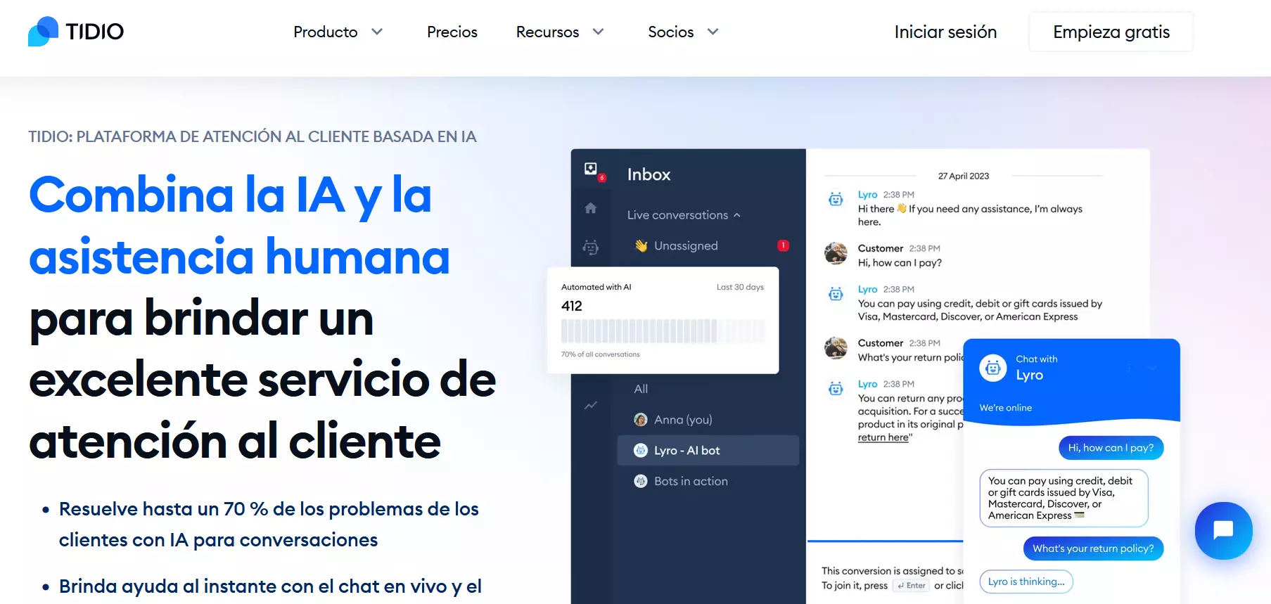 Página de inicio del software de chat en vivo de Tidio