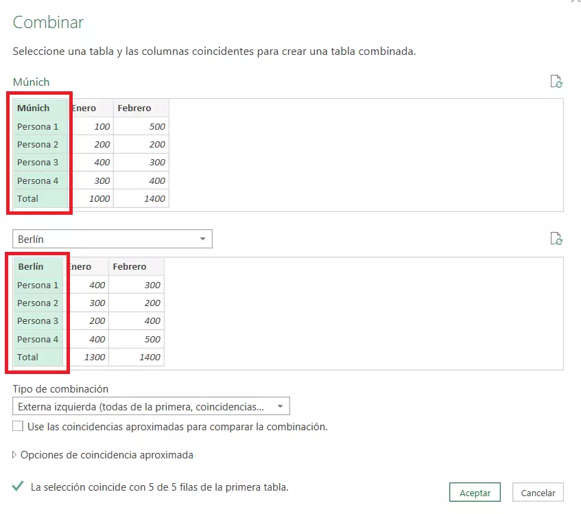 Selecciona las columnas coincidentes