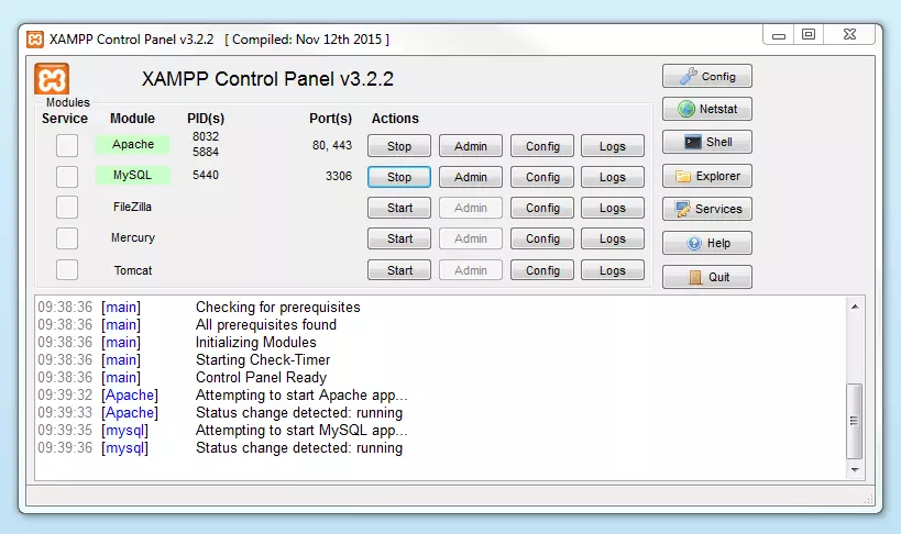 Módulos activos en el Panel de Control de XAMPP