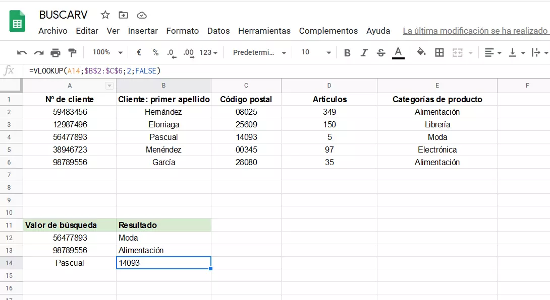 Resultados de BUSCARV en Google Sheets