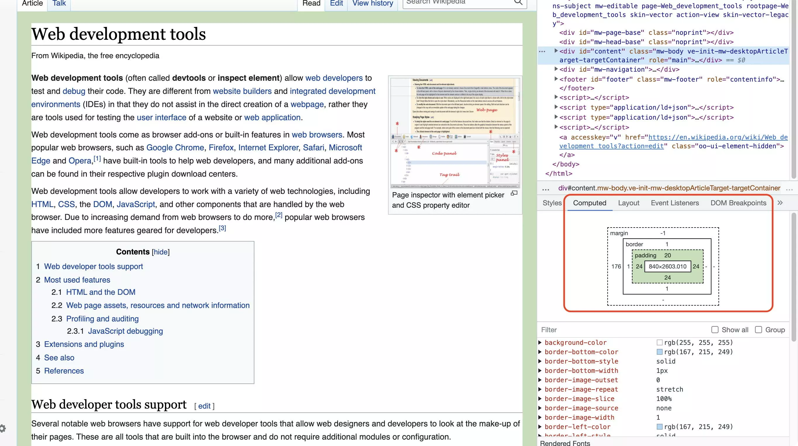 Propiedades CSS correspondientes al elemento inspeccionado