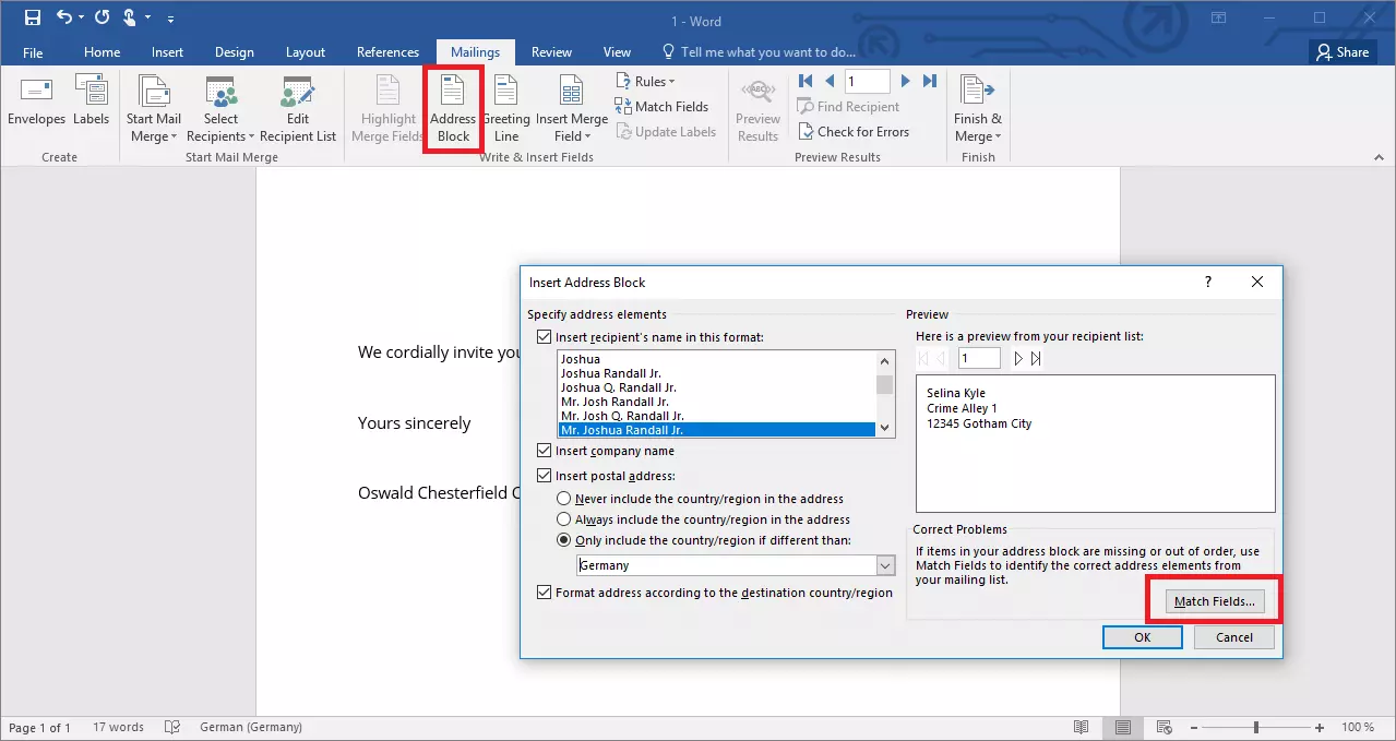  Botón “Bloque de direcciones” para configurar la combinación de correspondencia en Word