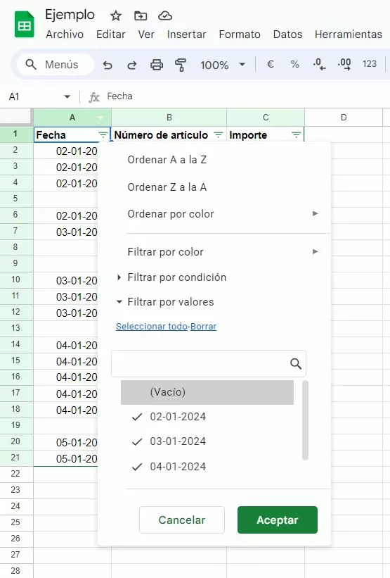 Captura de pantalla del menú de filtro en Google Sheets