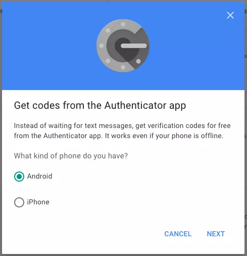 Seleccionar el tipo de smartphone en la configuración de Google Authenticator