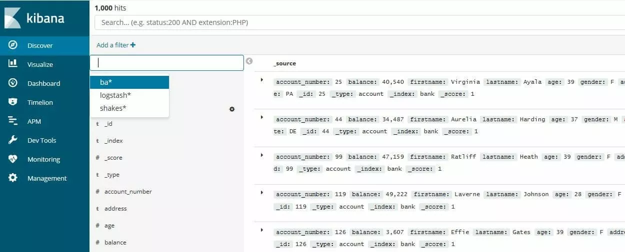 Kibana: lista de entradas de un registro de datos