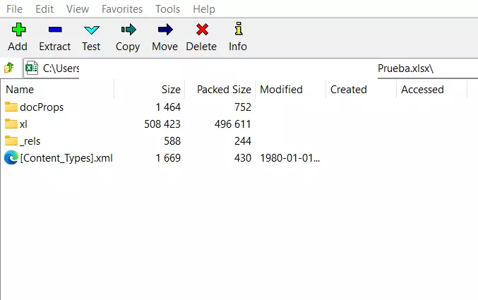 Imagen del archivo Excel abierto en el programa 7-Zip