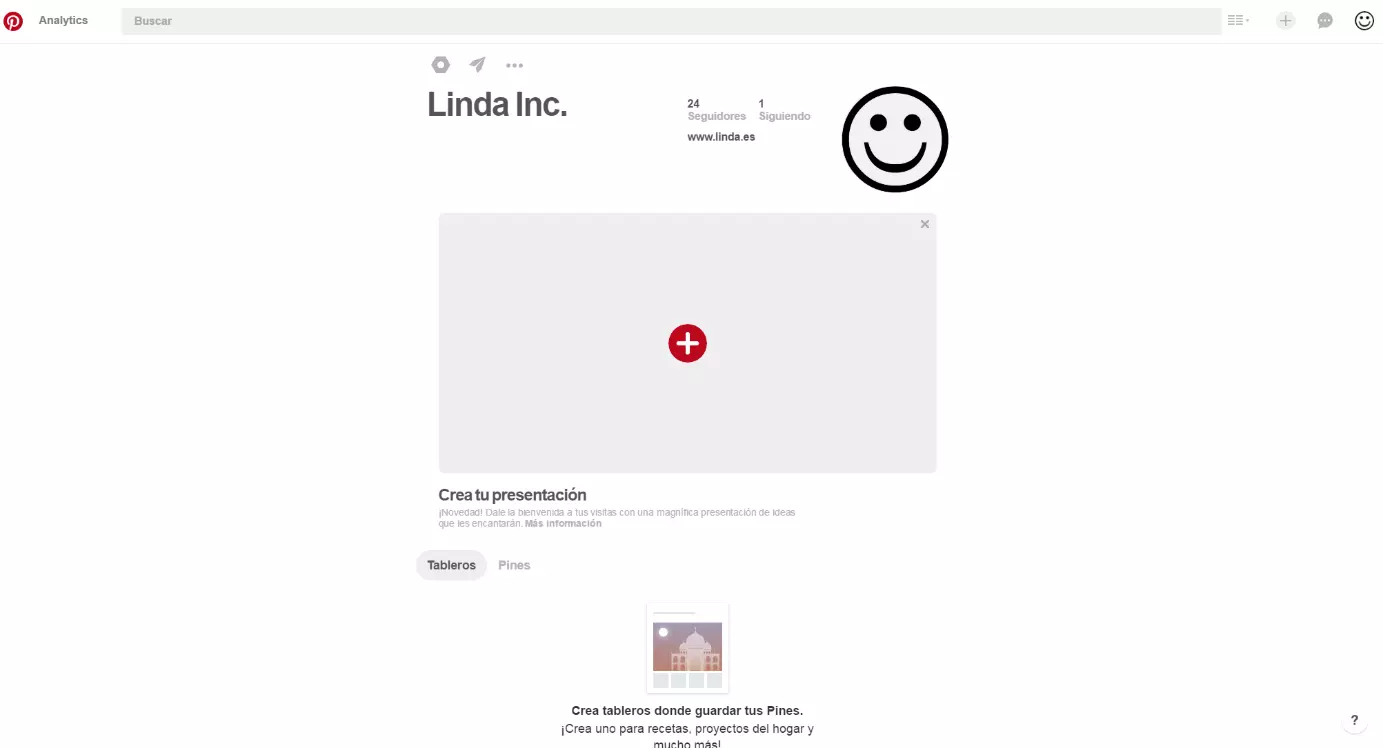 Vista de la página de perfil de Pinterest para crear tableros y presentaciones