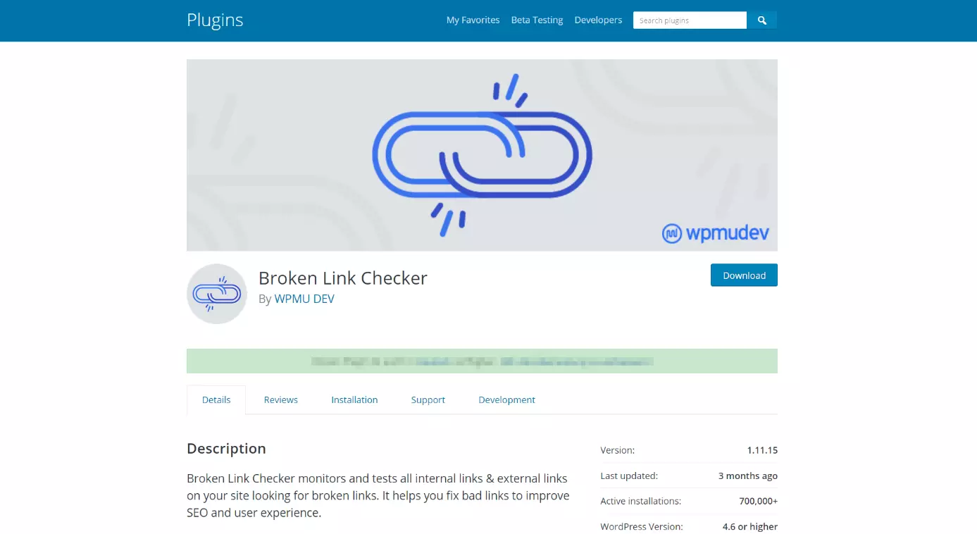 wordpress.org: página de descripción del plugin Broken Link Checker