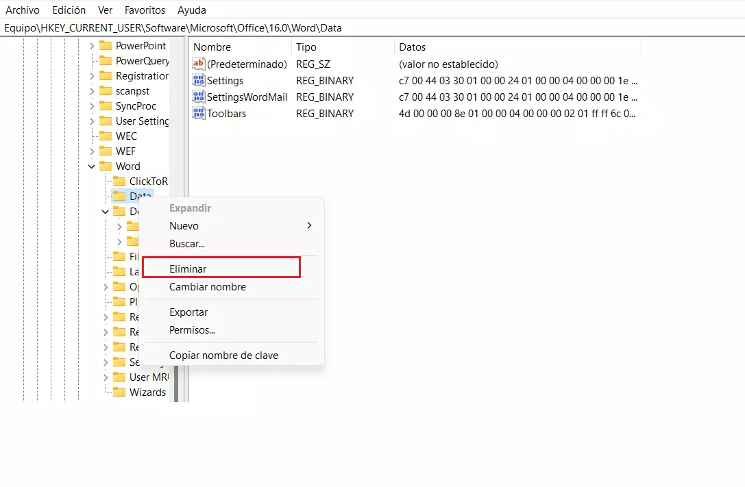 Word no se abre: eliminar entrada de registro