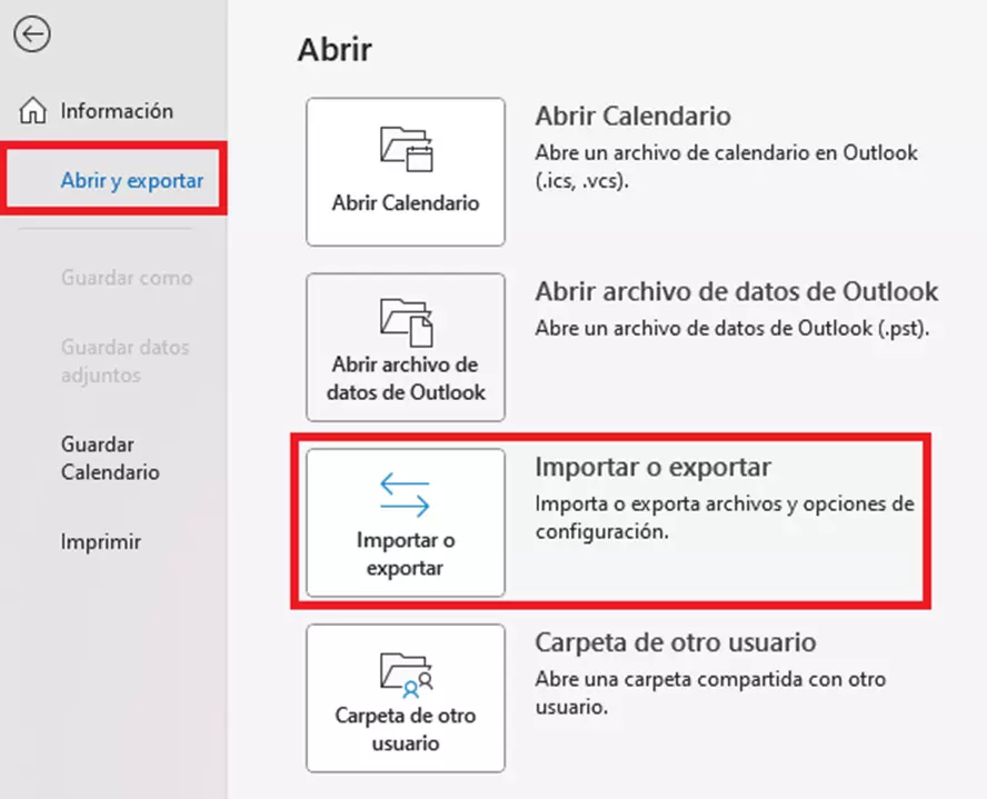 Opciones del menú “Abrir” en Microsoft Outlook