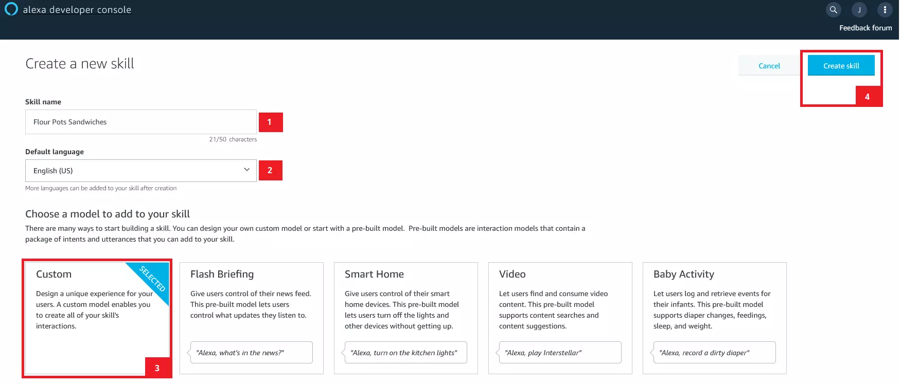 Alexa Developer Console: cuadro de configuración para crear nuevas Skills de Alexa