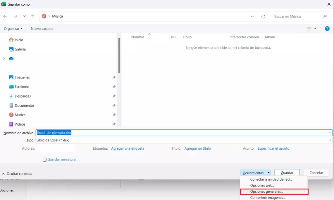 Excel para Windows: botón de “Herramientas” en el cuadro de Guardar