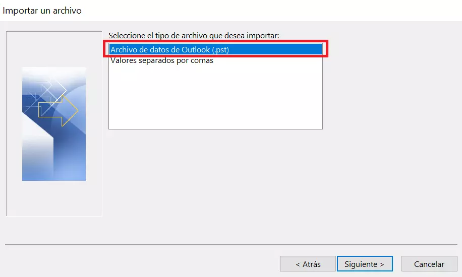 Seleccionar el formato de archivo adecuado en el asistente de Outlook