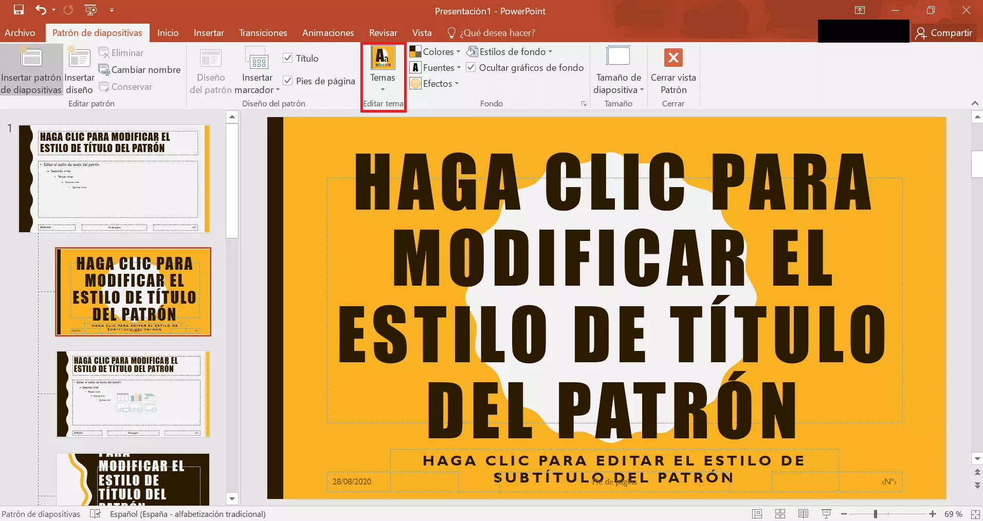 Diapositiva patrón con un tema diseñado por el usuario de PowerPoint 2019