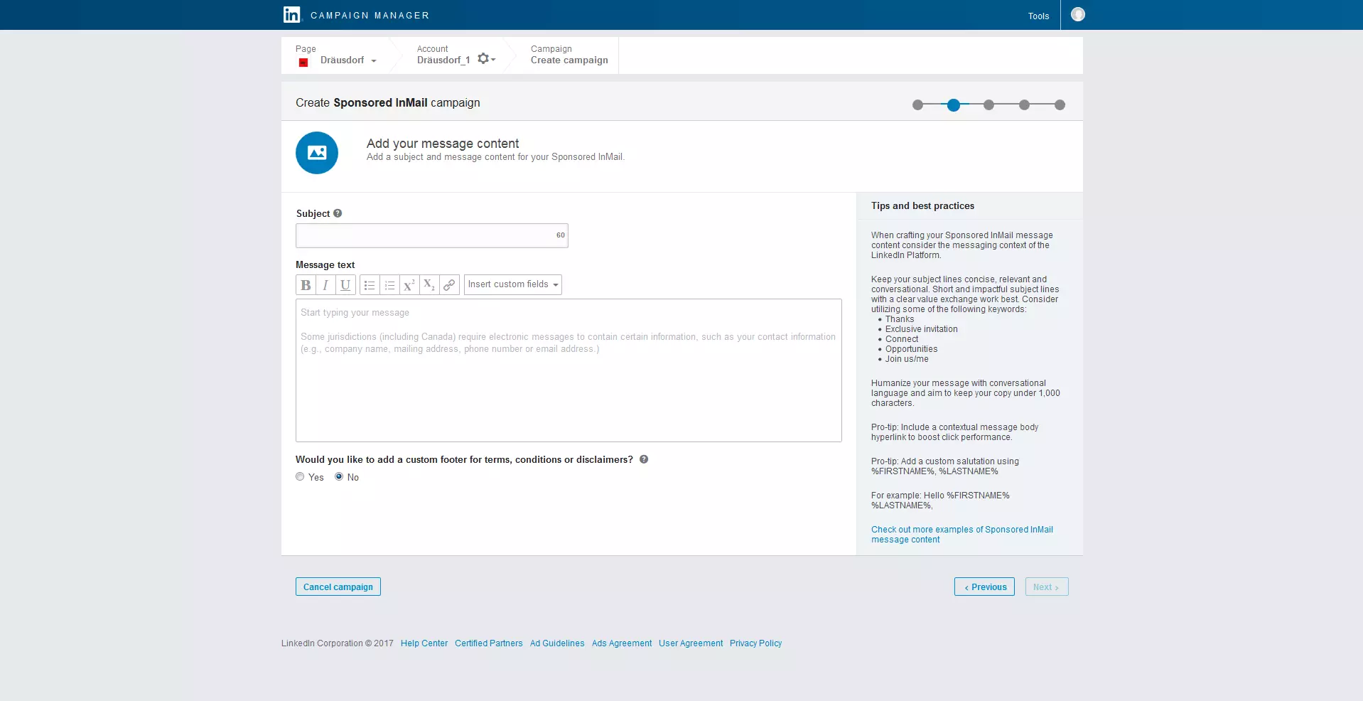 Interfaz para redactar Sponsored Inmails en LinkedIn