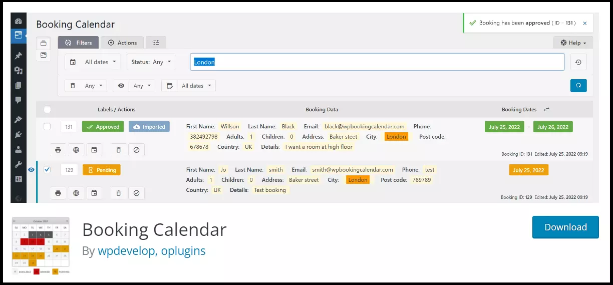 La página web de WordPress del plugin Booking Calendar