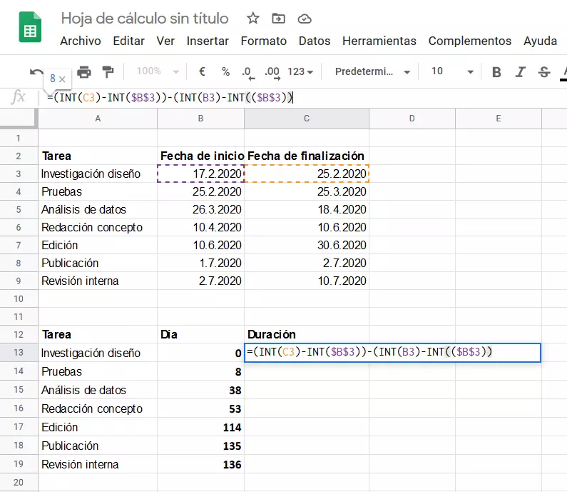 Google Sheets: fórmula para la duración de la tarea