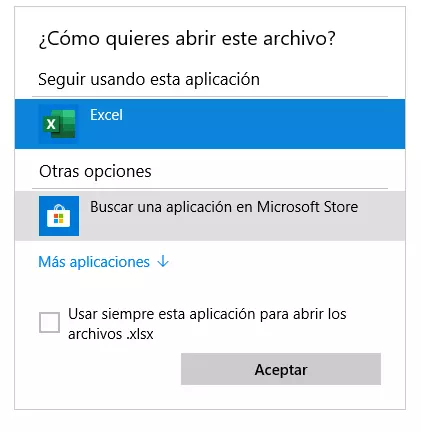 Selección de la aplicación para abrir archivos Excel