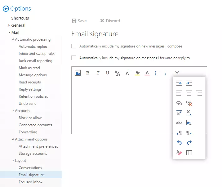 Captura de pantalla del editor de firmas de correo electrónico en la aplicación web Outlook