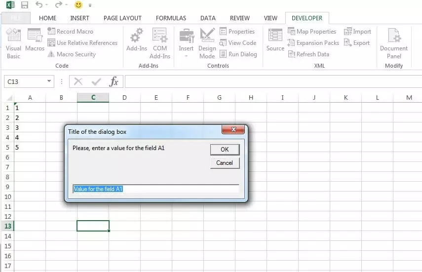 Cuadro de diálogo creado con una macro de Excel