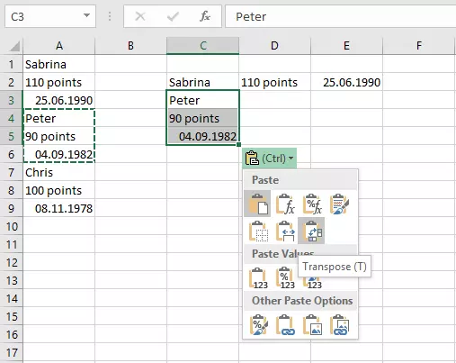 Imagen de la función TRANSPONER de Excel como opción del menú “Pegar”