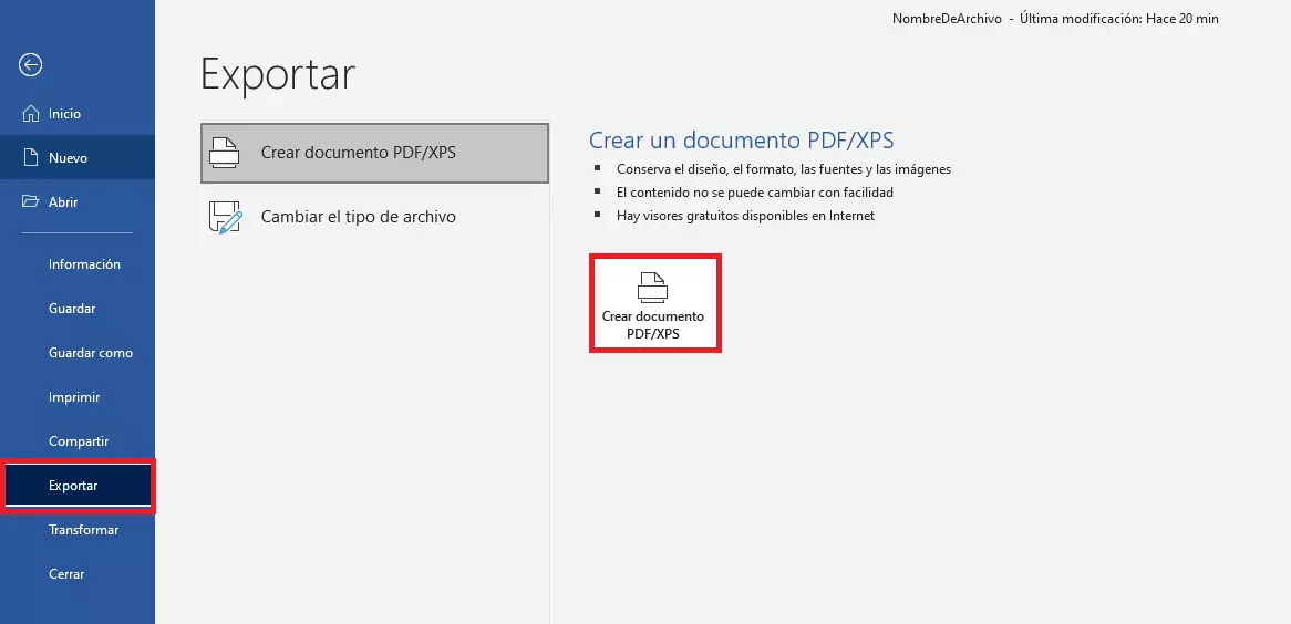 Guardar un archivo de texto en Word como PDF mediante exportación