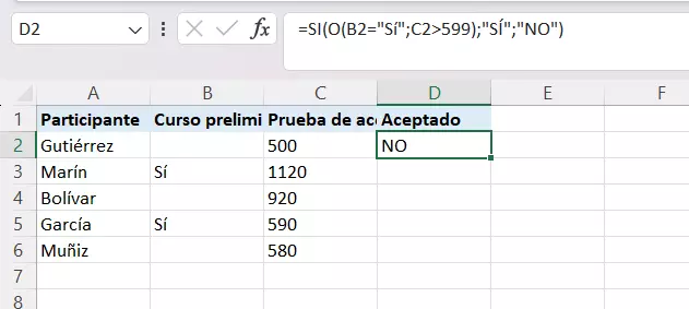 Excel SI-O: resultado de la fórmula insertada