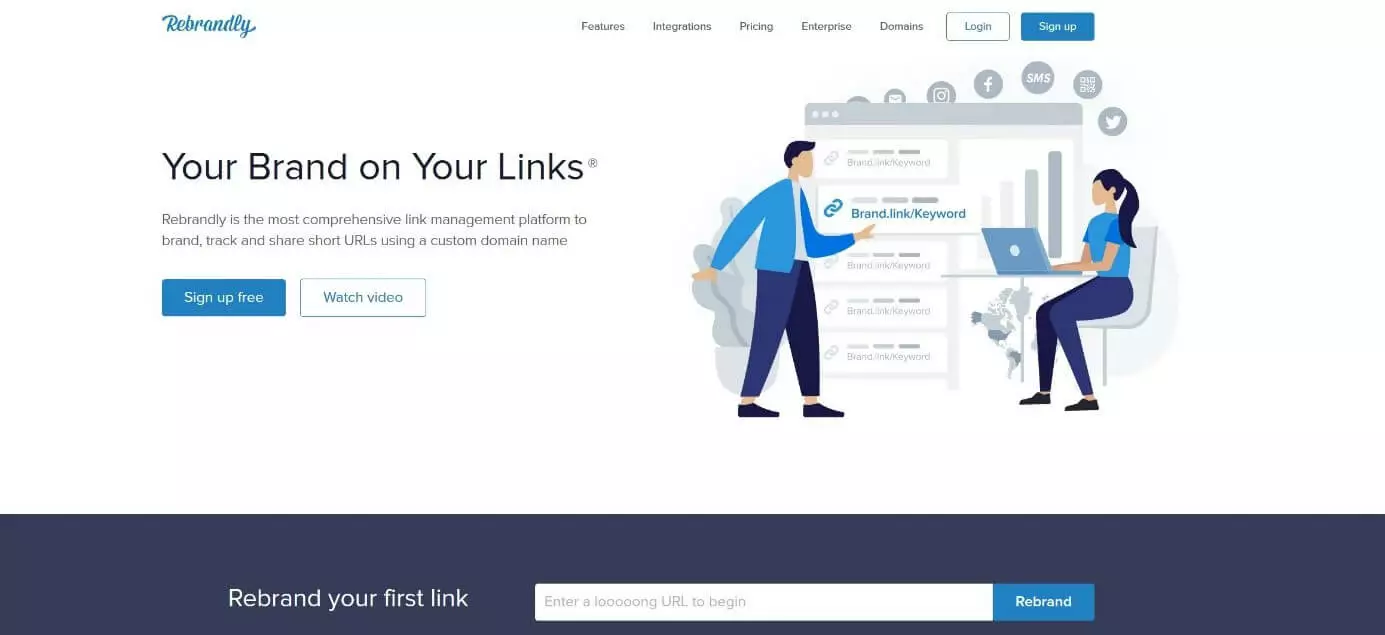 Captura de pantalla de la página principal de Rebrandly