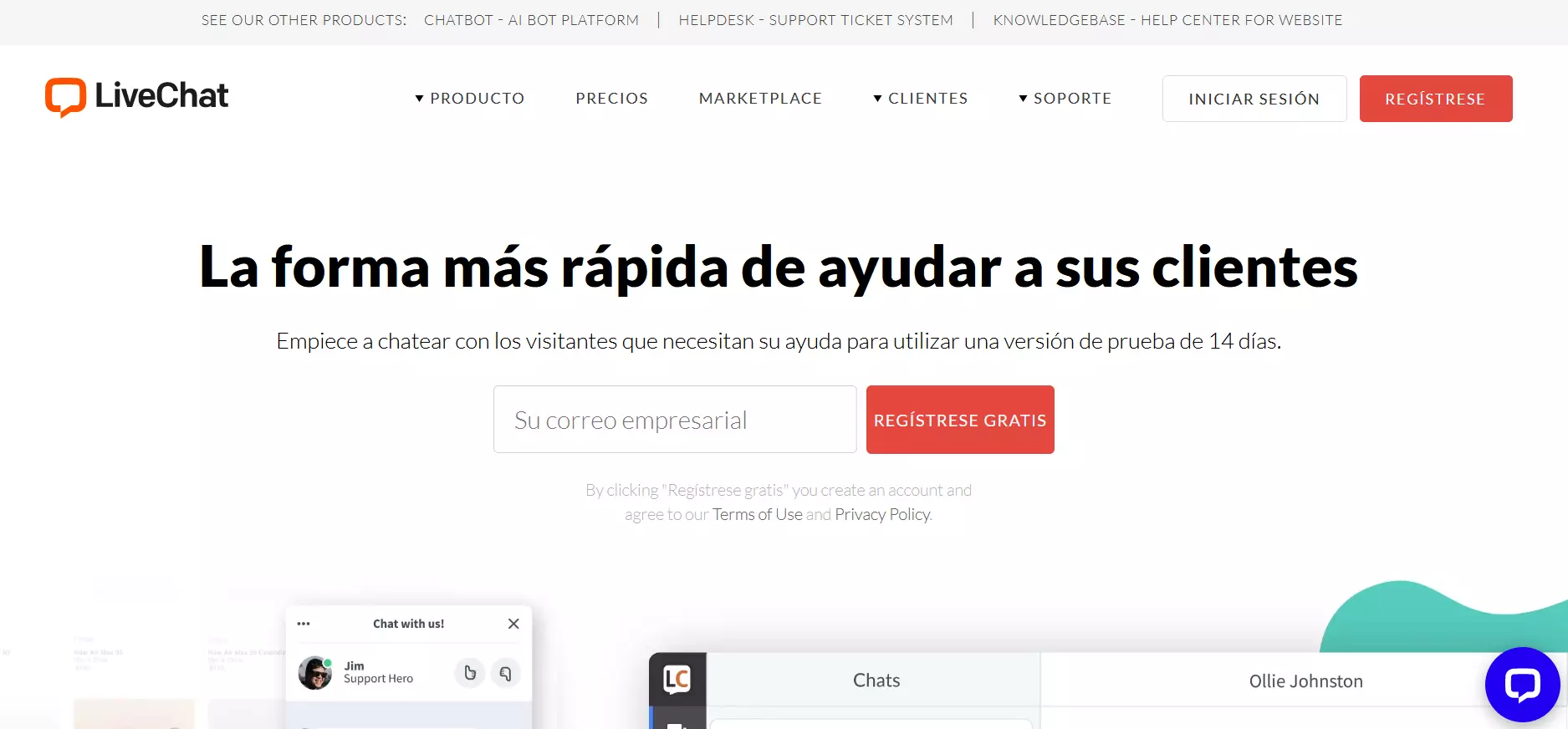 Página web de software de soporte de chat en directo LiveChat