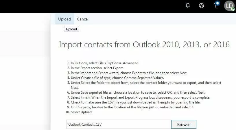 Outlook en la web: subir el archivo CSV