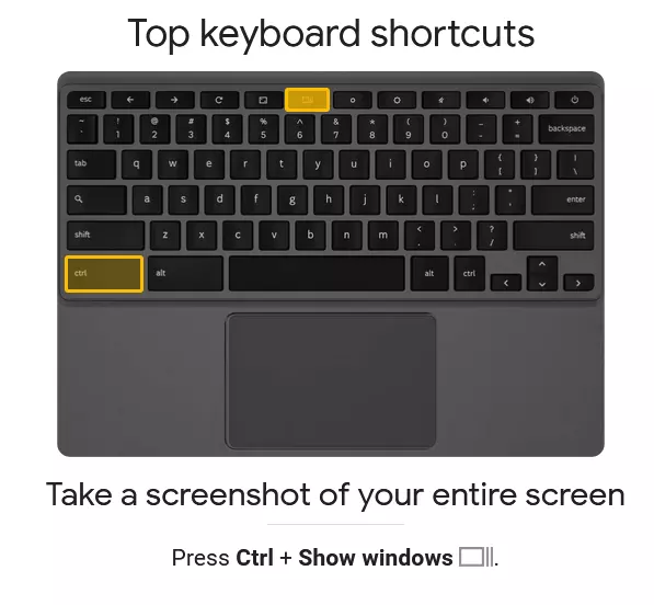 Captura de pantalla del simulador de Chromebook con la imagen de un teclado de Chromebook y las teclas “Ctrl” y “Mostrar ventanas” resaltadas