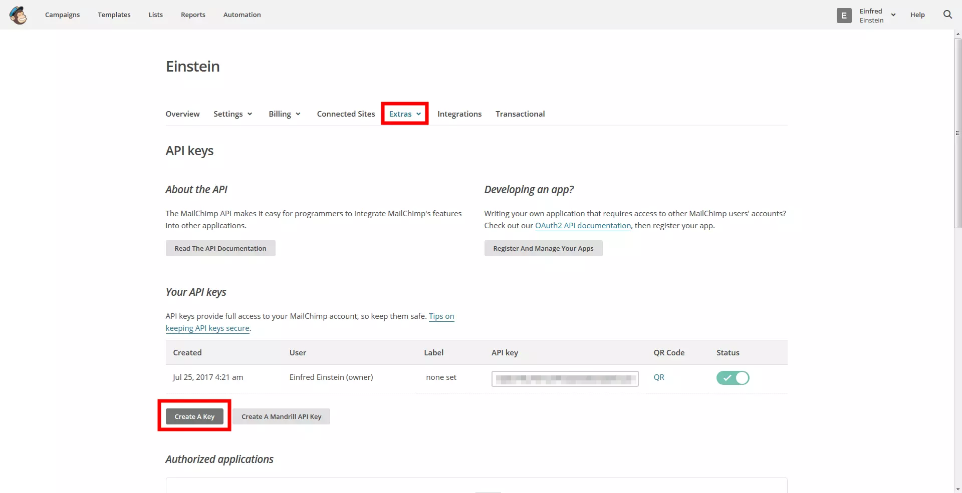 Vista de las posibilidades de configuración de API keys en MailChimp