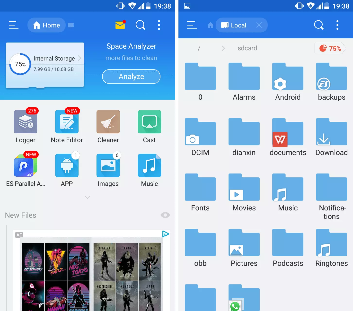 Interfaz de usuario del gestor para archivos para Android ES Explorador de Archivos