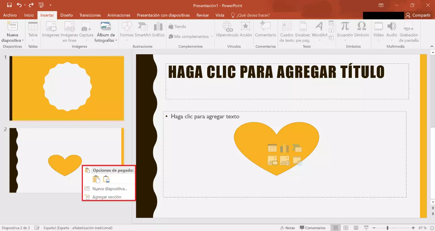 Insertar con un clic derecho en el campo de estructura PowerPoint 2019