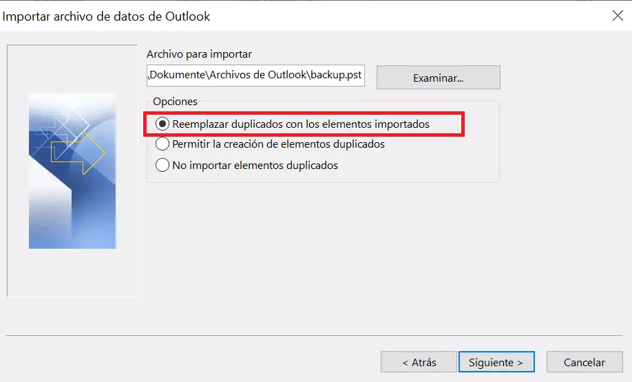 Opción en el asistente de Outlook que evita la creación de duplicados