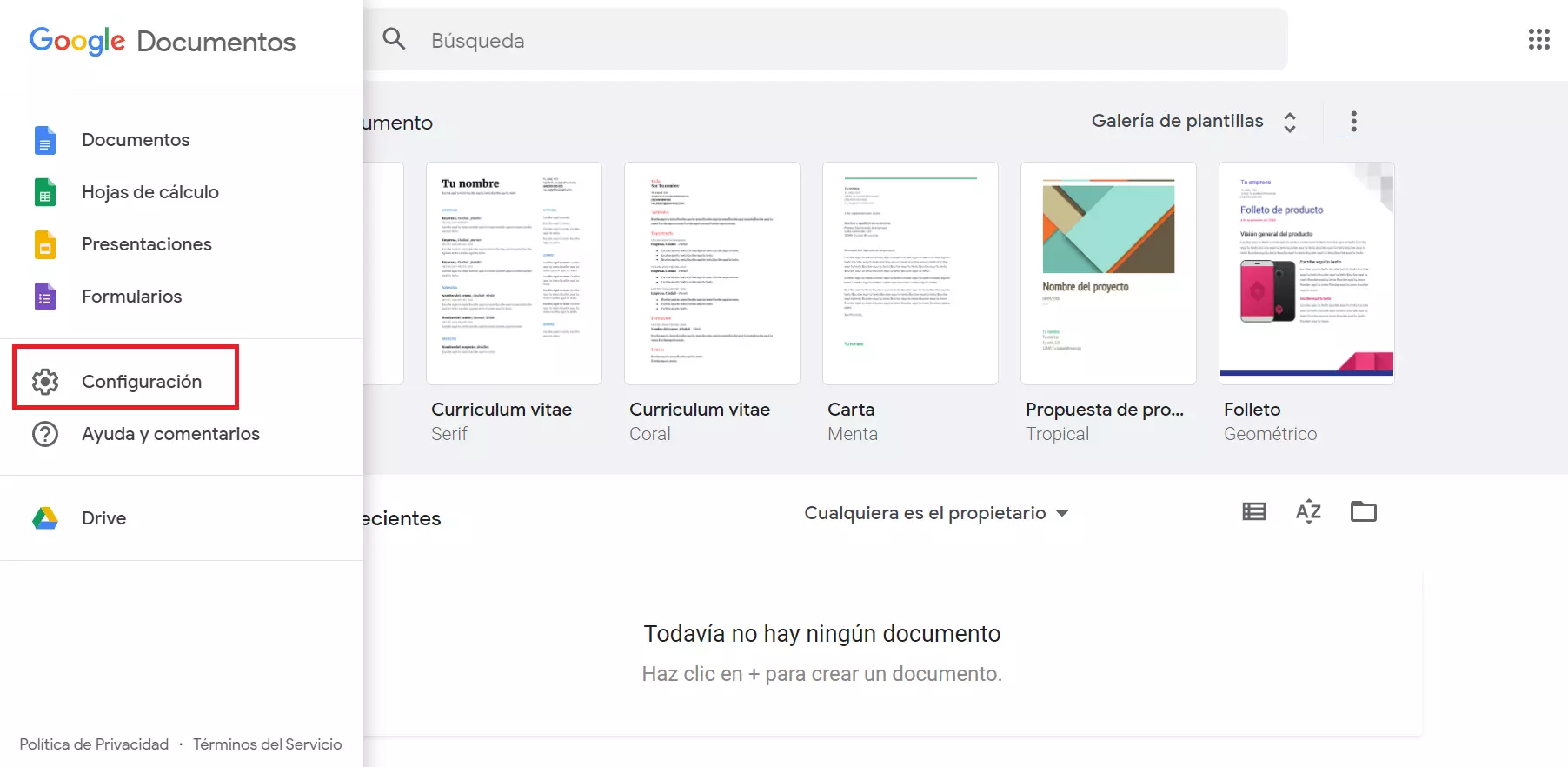 Google Docs: Símbolo destacado de la rueda dentada, que abre el menú de configuración