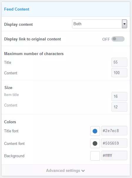 Menú de configuración de FeedWind para la personalización de los contenidos