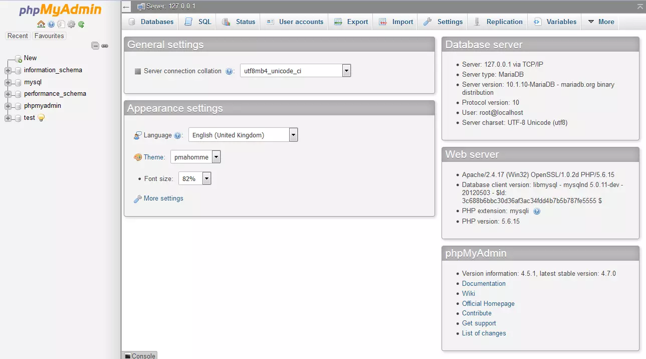 Interfaz de administración de phpMyAdmin