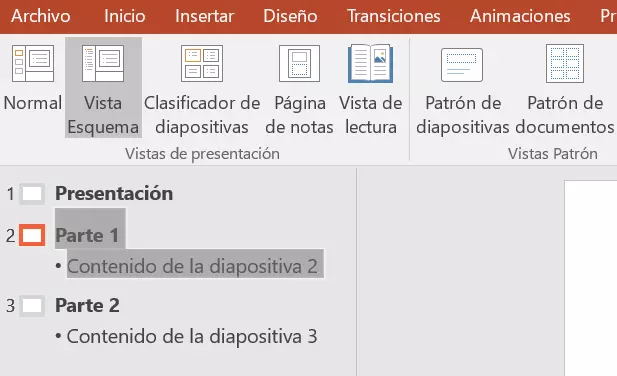 Vista de Esquema en PowerPoint: cambio de orden