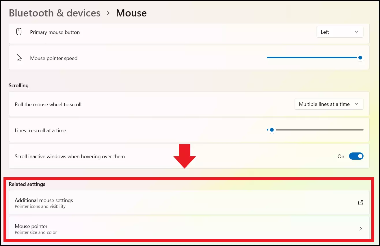 Los menús “Configuración adicional del mouse” y “Puntero del mouse” de “Opciones de configuración relacionadas” en los Ajustes del cursor