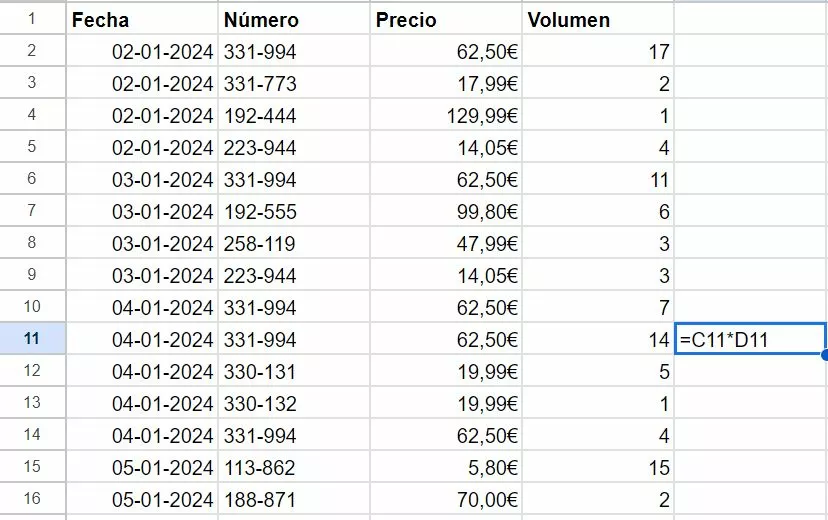 Captura de pantalla de una fórmula mostrada en Google Sheets