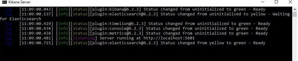 Línea de comandos de Windows 10: el servidor Kibana se inicia